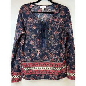 Vntg America Boho Hippie Waffled Thermal Blouse w/Lace & Embellishments‎ Large